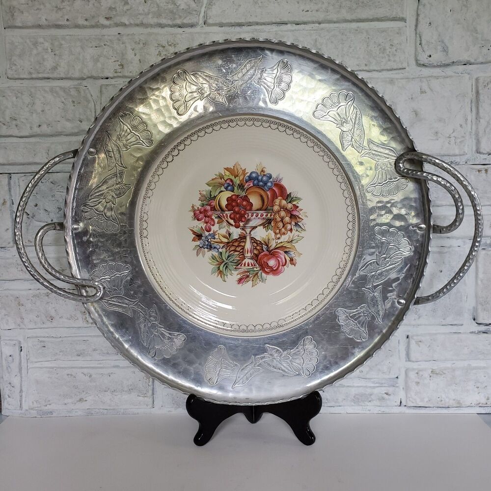 Farberware Wrought Aluminum & Limoges Plate/Platter Cheese, Fruit, Meat Tray VTG